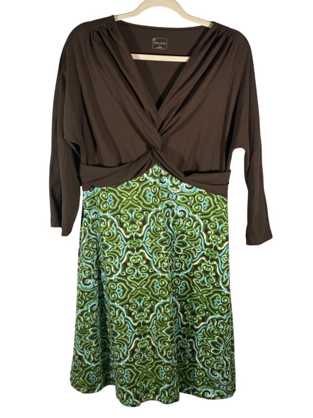 Title Nine Womens Brown twist front stretch jersey A-line Dress L outdoor active